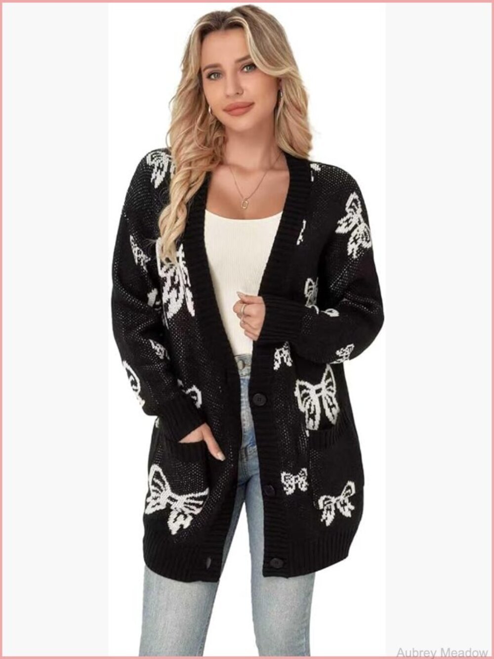 Button Down Open Front Cardigan Knit Sweater with Pockets Star Bow Print